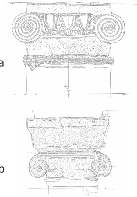 Fig. 10. Roma, Santo Stefano Rotondo: rilievo di due capitelli ionici (a) dell’anello centrale e (b)  dell’anello intermedio (da: Brandenburg, S