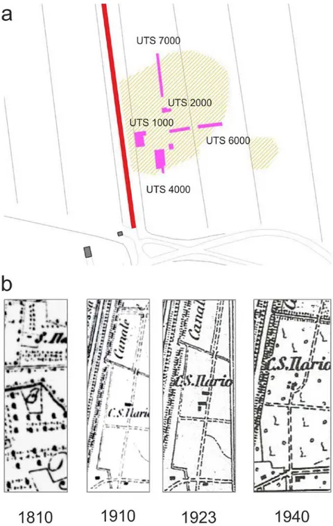Figura 21. In alto: distribuzione delle UUTTSS di scavo rispetto alla strada (in rosso) ed al sito  individuato dalle ricognizioni di superficie.