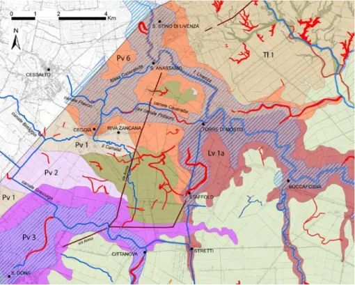 Figura 18. Unità di Paesaggio Antico del Piavon (UPA - Progetto Parsjad). Sono evidenziate  le ramificazioni del tratto finale del dosso del Piavon e in basso la posizione di Cittanova