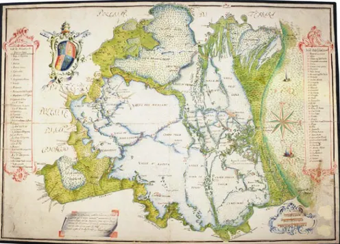 Figura 3. Il territorio in esame nella carta ROS-50 (M. Tieghi, s.t., 1769, Ferrara, Biblioteca  Ariostea, Fondo Cartografico, Serie Rossa, n