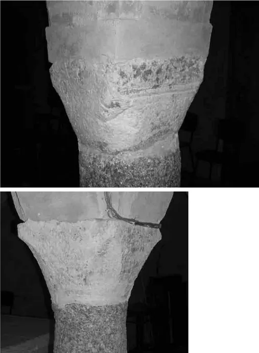 Fig. 7. Santhià, chiesa di Sant’Agata, due capitelli della cripta, appartenenti alla prima fase (in alto) e alla seconda (in basso)