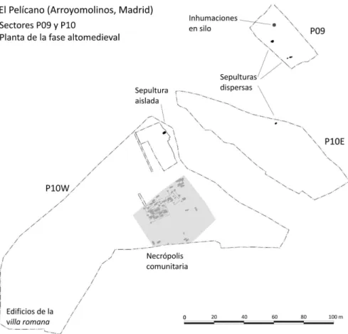 Figura 2. Emplazamiento de algunas de las inhumaciones extracementeriales más próximas a la necrópolis co- co-munitaria en el sitio de El Pelícano (Arroyomolinos, Madrid).