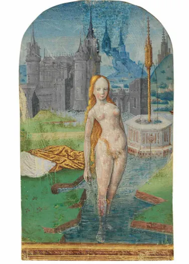 Fig. 2 : Bethsabée au bain, Jean Colombe, New York - Collection particulière, Feuillet détaché provenant des Heures de Guyot Le