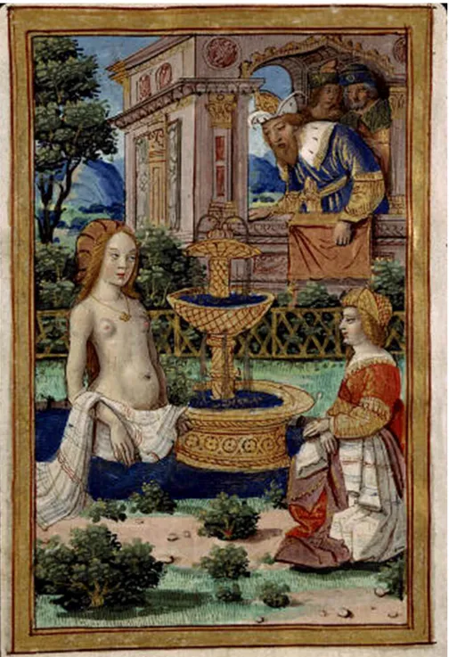 Fig. 4 : David et Bethsabée, in Heures de Notre Dame, Bibliothèque Sainte-Geneviève, Peintures au début des Psaumes pénitentiaux, Ms