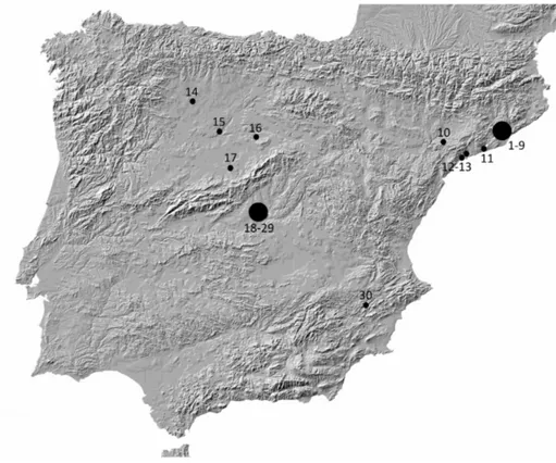 Figura 1. Mapa de localización de yacimientos con inhumaciones en estructuras no funerarias