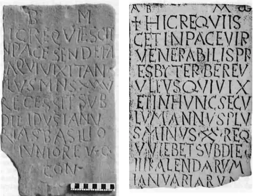 Fig. 4. Iscrizioni funerarie di Sendefara, da Tortona (a) e di Berevulfus, da Voghera (b) (da: ICI VII, figg
