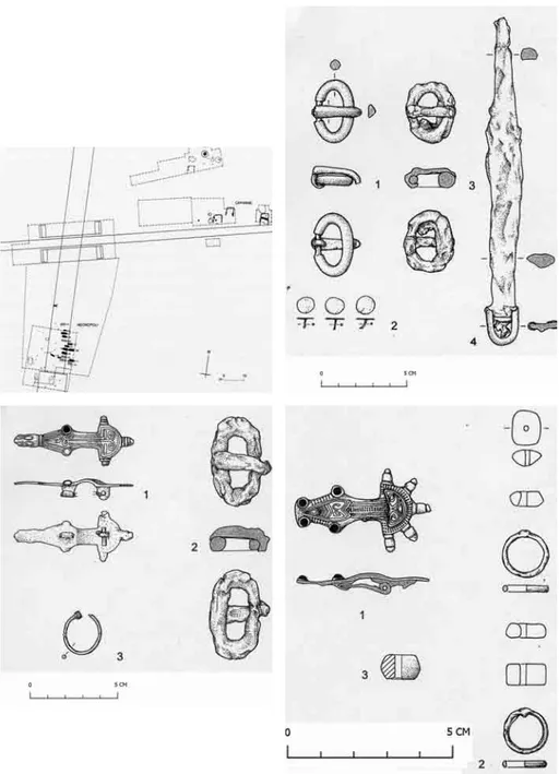 Fig. 7. Frascaro, villaggio e necropoli di età ostrogota: a) pianta del sito; b) corredo della t