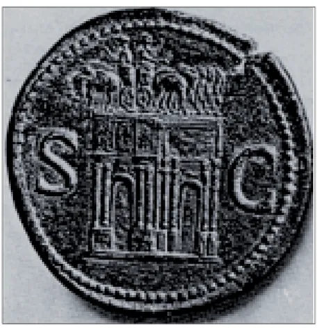 Fig. 1. Moneta di Domiziano raf  gurante la Porta Triumphalis decorata da una qua- qua-driga di elefanti (F