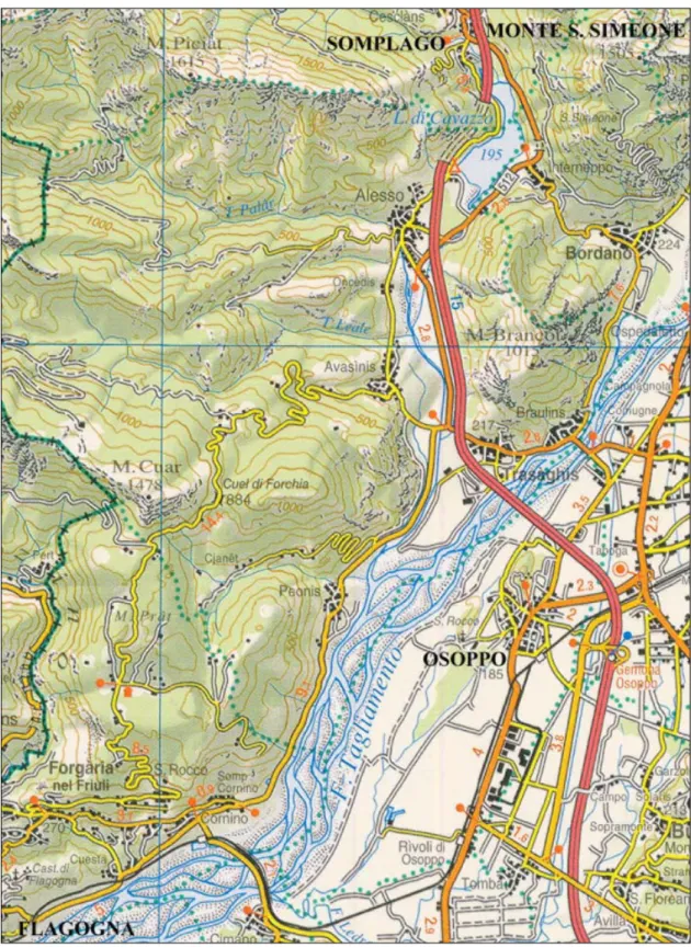 Fig. 1 Zona interessata dalla confi nazione del 1267 nella cartografi a attuale  (Carta Tabacco 1:150000)