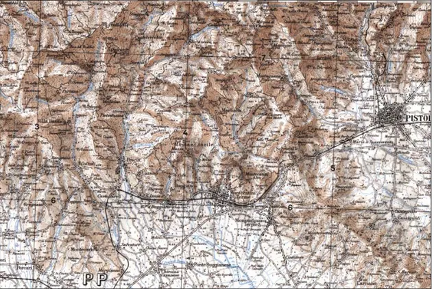 Fig. 5. Una panoramica generale del territorio della Valdinievole dal crinale del Montalbano al  corso della Pescia di Collodi.