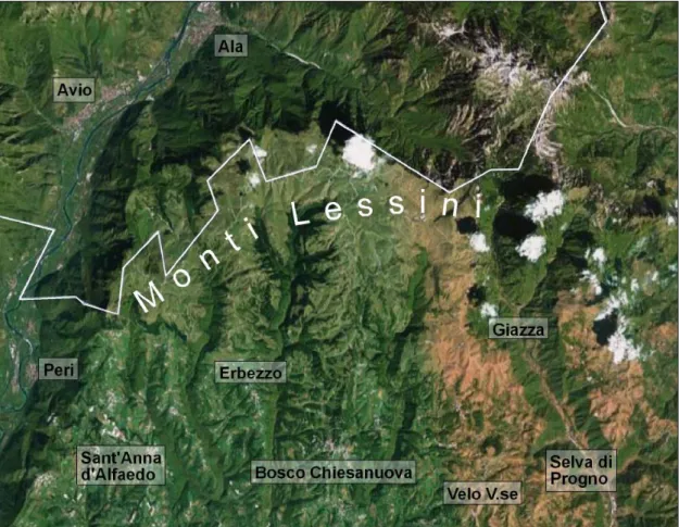 Fig. 1. L’area dei monti Lessini, al confi ne tra Verona e Trento (individuata dai solchi vallivi  della valle dell’Adige a ovest [loc
