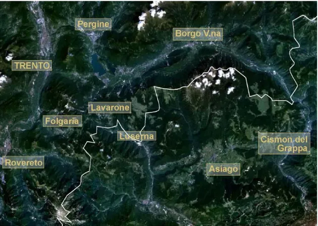 Fig. 2. A sinistra, in corrispondenza delle località di Folgaria e Lavarone, l’area di contatto e  di frizione tra la giurisdizione signorile di Beseno (in Vallagarina, a nord di Rovereto)  appartenuta ai Castelbarco e ai Trapp, e  il territorio vicentino,