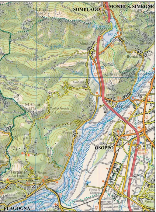 Fig. 1 Zona interessata dalla confi nazione del 1267 nella cartografi a attuale  (Carta Tabacco 1:150000)