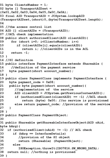Figure 4: A sanitized snippet of the Purse applet. It contains the ACL defined in the code, and definition, implementation and provision of the payment service.