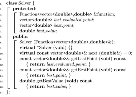 Figure 7: Pure virtual class Solver: all solvers are extensions of this class and must implemnt the constructor and the next method.