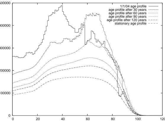 Figure 4.3: The current age profile and the age profiles that italian population will undergo in 30,60,90,120 years with the current vital rates and immigrant age-profile I3-PR1 (page 65); and the stationary age profile under I3-PR1.