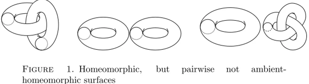 Figure 1. Homeomorphic, but pairwise not ambient- ambient-homeomorphic surfaces