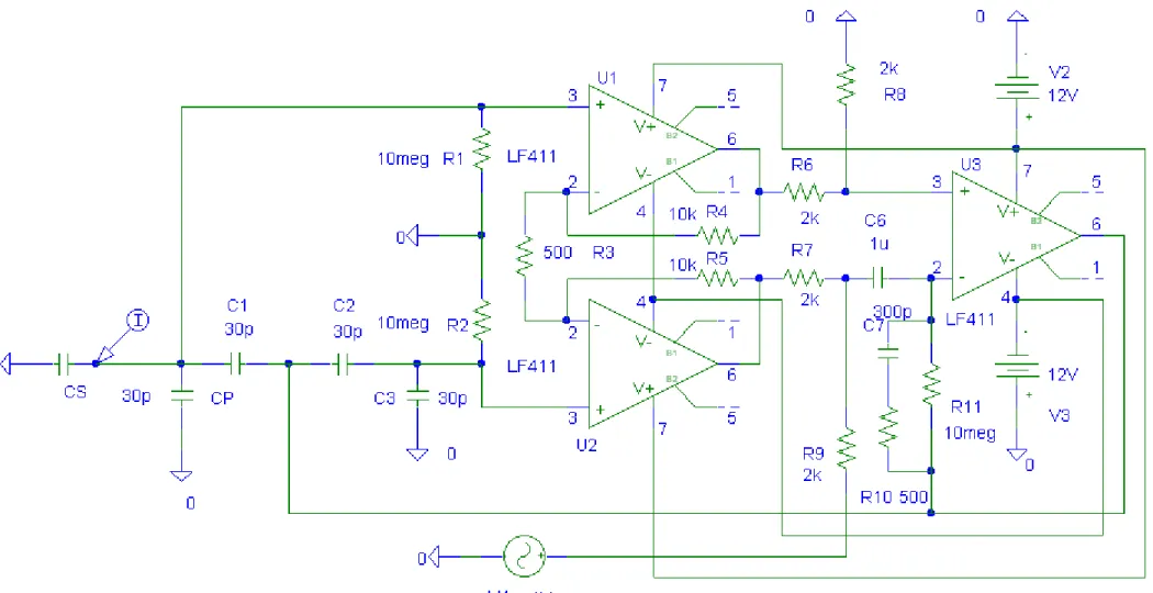 Figure 3. Schematic of the CCI circuit with real OPAMPs and capacitive load.