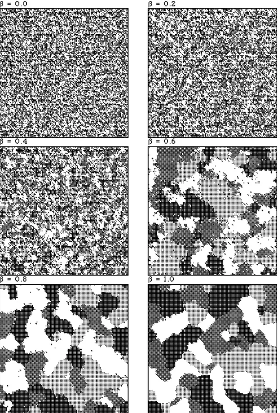 Fig. 10.4 Realizzazioni, ottenute con il metodo del Gibbs-sampler, di un modello di Strauss a 4 classi con  β  costante su di un grigliato 100x100 per differenti