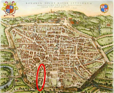 Fig. 1 - Mappa di Bologna nel XVI secolo (evidenziata in rosso la zona  corrispondente al Borgo di San Pietro)