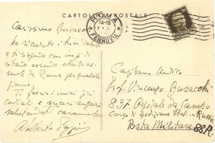 Fig. 2 - Cartolina postale scritta da Pazzini in risposta a Busacchi.  