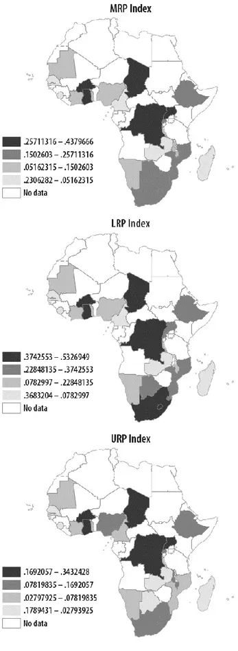 Figure 2.4: Relative polarization indices, geographical distribution 