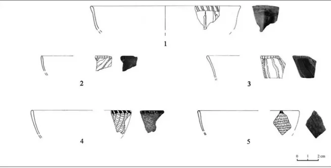 Fig. 2. Coppe in vetro a nastri (1-3) e a reticelli (4-5).
