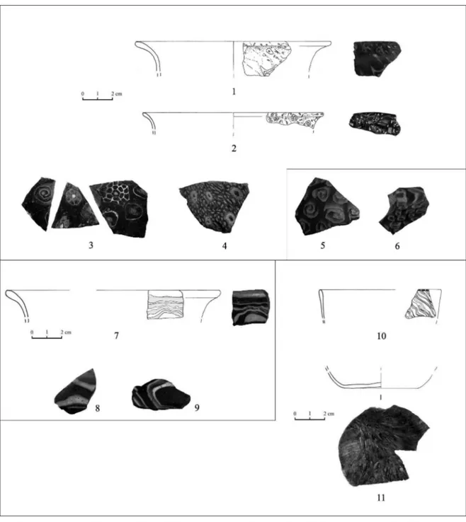 Fig. 3. Vetro a mosaico del tipo millefiori (1-6), ad imitazione delle pietre dure (7-9) e marmorizzato (10-11).