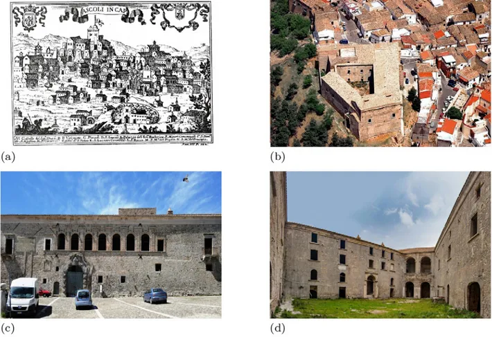 Fig. 1. a) Veduta della piccola città di Ascoli redatta dall’abate Giovan Battista Pacichelli nel 1703 (p acichelli  1703); b), c) e d) Immagini 