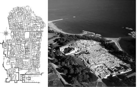 Fig. 4. Colonia greca di Emporion in Catalogna: a sinistra, ricostruzione  della pianta originaria; a destra, foto aerea
