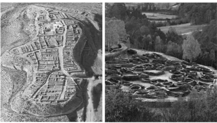 Fig. 6. A sinistra, insediamento iberico: oppidum di Cabezo de Alcalá  in Aragona; a destra, insediamento celtico: castrum di Coaña nelle Asturie