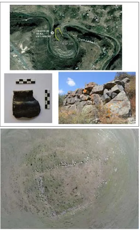 Figura 4. KSP 022. Immagine area del sito; frammento di ceramica Kura-Arasse;  resti di mura ciclopiche