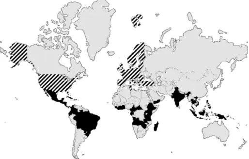 Figure 2.1: ICO members: striped area represents importing members, dark area represents exporting ones (Source: ICO).