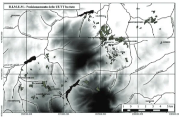 Fig. 1: Area di intervento del progetto R.I.M.E.M. Le aree  retinate in grigio indicano le Unità topografiche finora esplorate.