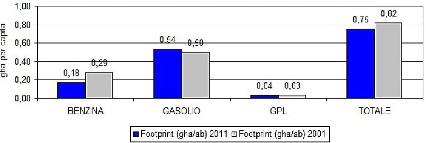 Figura 9 – Impronta ecologica per la categoria Terreno per l'energia dei Trasporti, disaggregata per tipologia di consumo di carburante