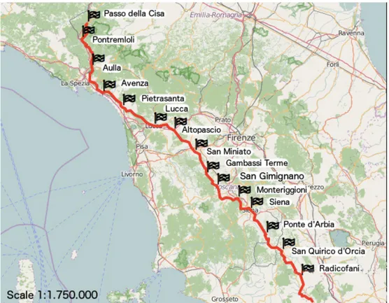 Figure	
  2:	
  Map	
  of	
  15	
  stages	
  of	
  the	
  Via	
  Francigena	
  in	
  Tuscany	
  