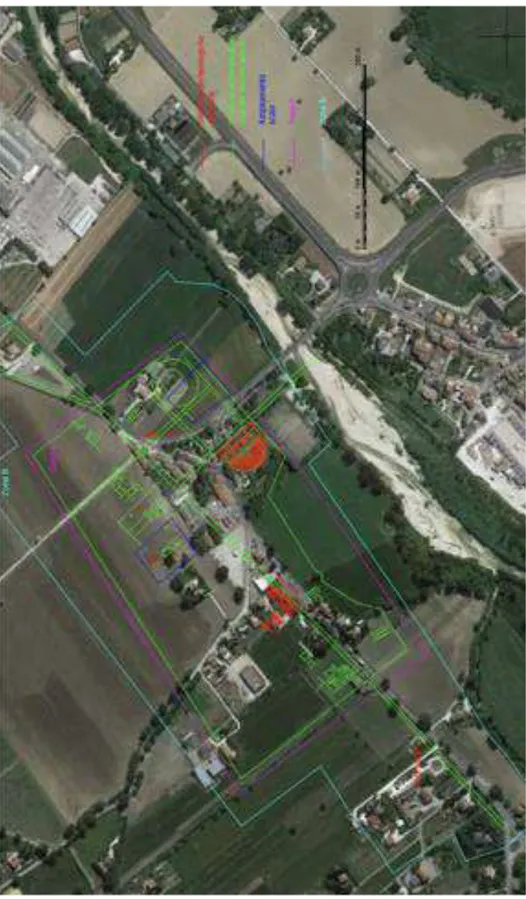 Fig.  3:  Ricostruzione  della  planimetria  dell’area  urbana  di  Ricina,  sovrapposta  all’ortofotopiano  con 