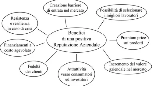 Figura 3.3 - I potenziali benefici di una positiva reputazione aziendale (Fonti: Dierickx et al., 1989 / Barney,  1991 / Hall, 1992 / Teece et al., 1997 / Ching et al., 1992 / Bagwell, 1990 / Stiglitz et al., 1981 / Beatty et al.,  1986 / Diamond 1989 / Sh