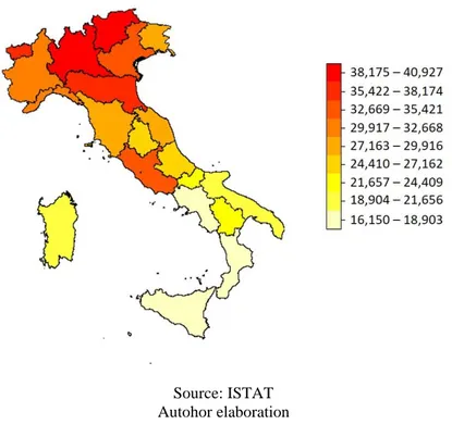 Figure 1. GDP per-capita in the Italian Regions  (in thousands of Euros) 