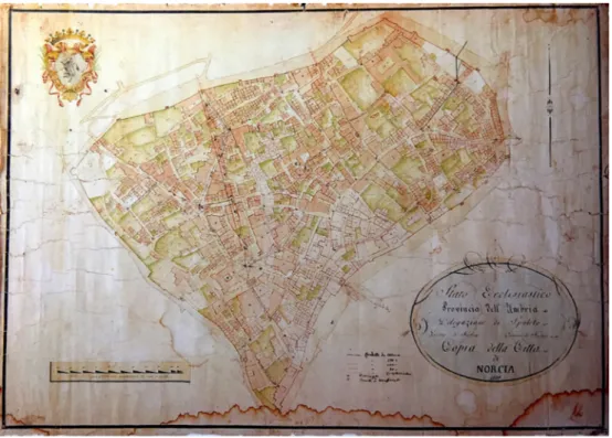 Fig. 11. ASCN, Catasti, Plan of Norcia (1820). Project for the opening of new road (Corso  Sertorio), realized before 1897 (from Bianchi et al