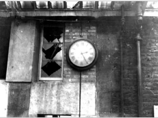 Fig. 1 “Stopped clock at the GPO after its destruction” (1916-1921: Revolution Collection,  Mercier Press: http://hdl.handle.net/10599/10027) 