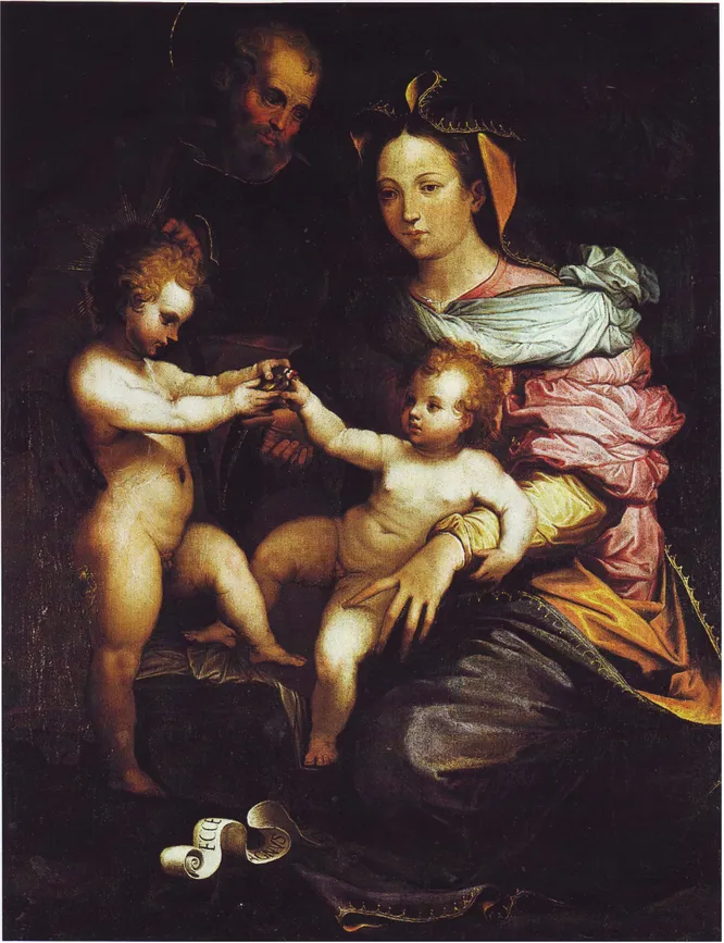 Fig. 1. Perin del Vaga, attribuito, Madonna col Bambino, San Giovannino e San Giuseppe,  Loreto, Museo - Antico Tesoro della Santa Casa