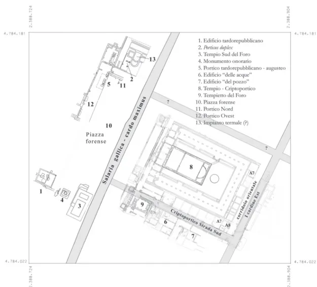 Fig. 26 - Il complesso Tempio-Criptoportico e il suo inserimento nel tessuto urbano. Restitu- Restitu-zione ipotetica dell’isolato.