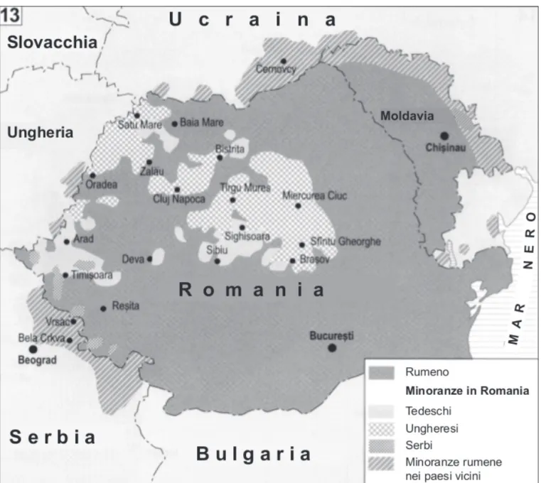 Figura 1. Le minoranze linguistiche storiche in Romania (Fonte: Janich, N., Greule A. [2002], Sprachkulturen in 