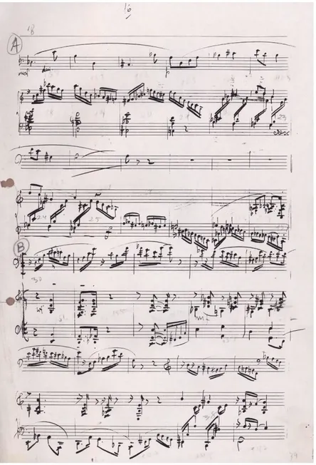 Figura 2. Estratto della partitura della  Brasiliana nº7 , per saxofono tenore e pianoforte, III movimento/Choro, che ha  funto da riferimento della sonorità “pianeiristica” di Gnattali, per le estemporizzazioni di pianoforte 
