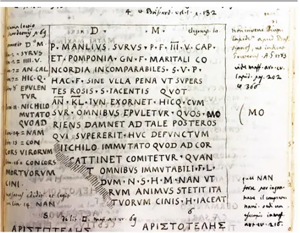 Figura 5  Iscrizione CIL V 215* = 1105,14* nel ms. Guarnieri.  Osimo, Archivio storico comunale, busta 20(8), XXIII, f