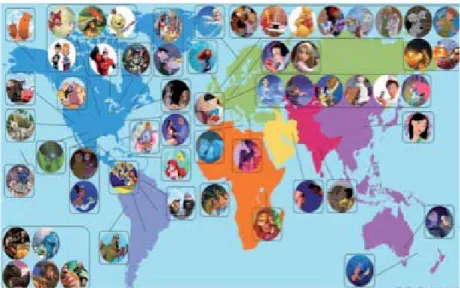 Fig. 1. Mappa che mostra le ambientazioni dei fi lm di animazione Disney (Fonte: &lt;http:// www.cinema.fanpage.it&gt;)
