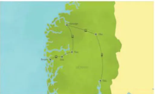 Fig. 11. Mappa del tour della Norvegia organizzato da Adventures by Disney (Fonte: &lt;https:// www.adventuresbydisney.com/europe/norway-vacation/daily-itinerary&gt;)