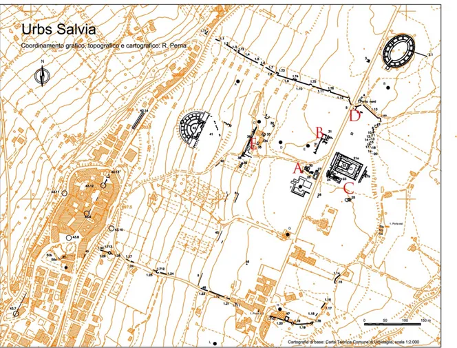 Fig. 1 Archaeological map of the city of Pollentia.  1  Perna 2006; Fabrini 2013; Paci 2016; Perna 2018