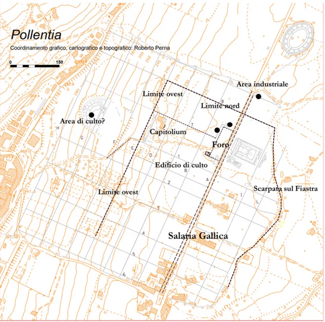 Fig. 8. Pollentia: the city of Republican age (the later structures in grey) 